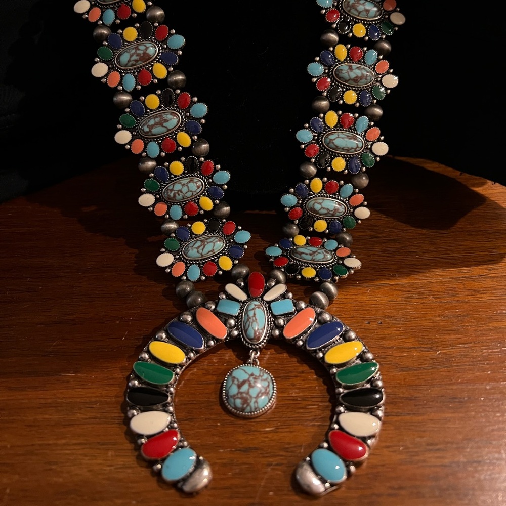 NWT SouthwestFaux Turquoise & Multicolor Squash Blossom & Earrings Set by Tanie!